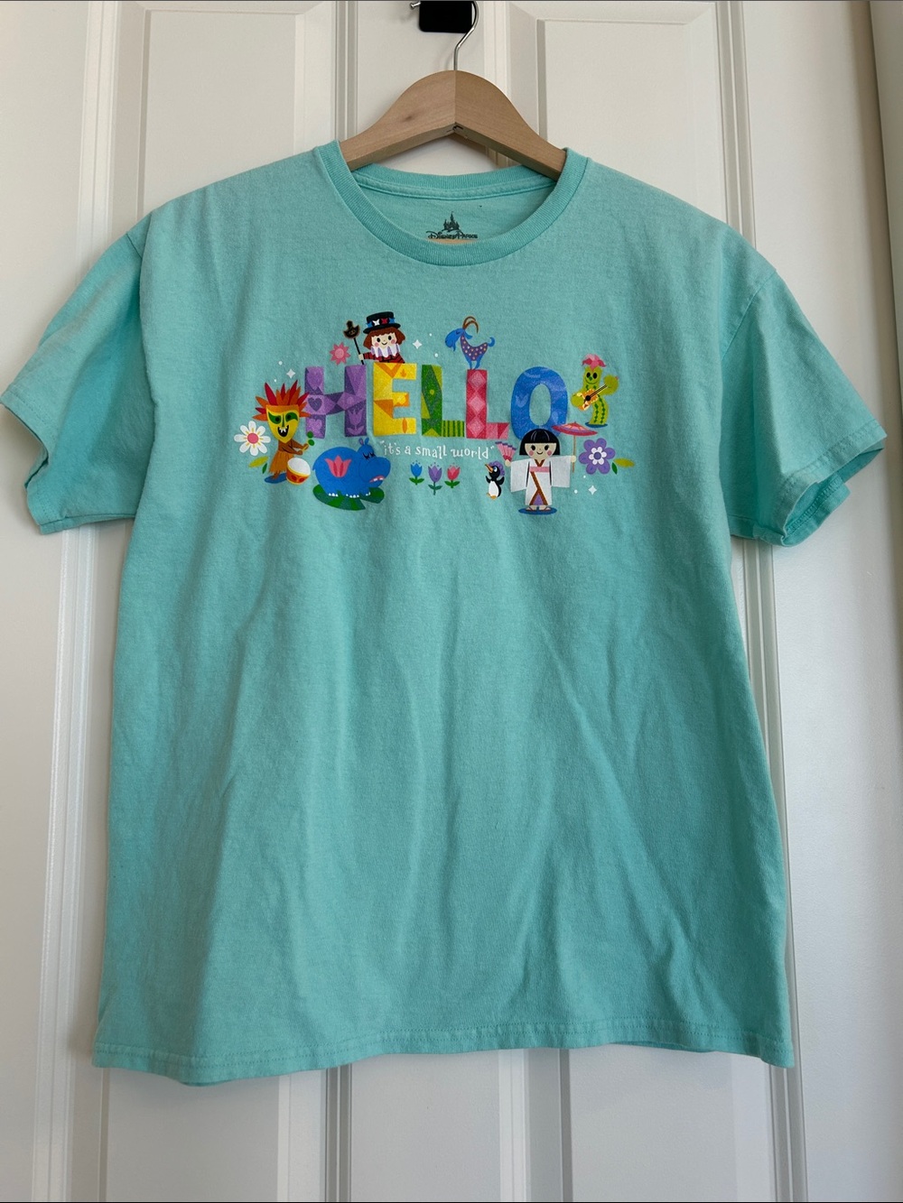 Disney Parks Kids XL It's a Small World Teal Hello Goodbye 2019 Graphic T-Shirt